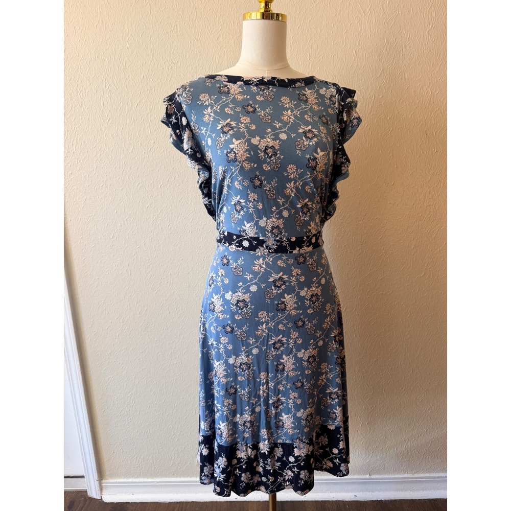 NWT LOFT Womens Midi Dress 14 Blue Floral Ruffle Sleeve A lIne Career Modest